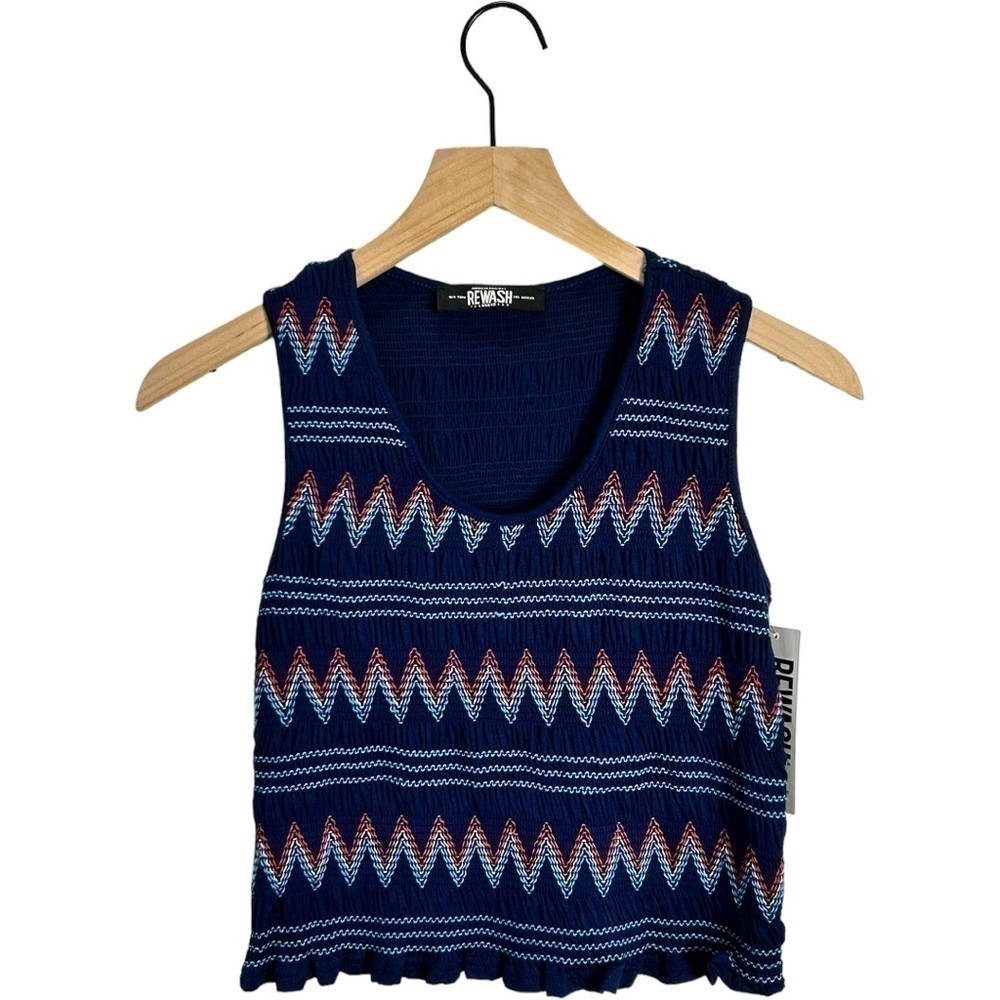 Rewash‎ Navy Zig Zag Smock Sleeveless Tank Top Women’s Seersucker Texture NWT